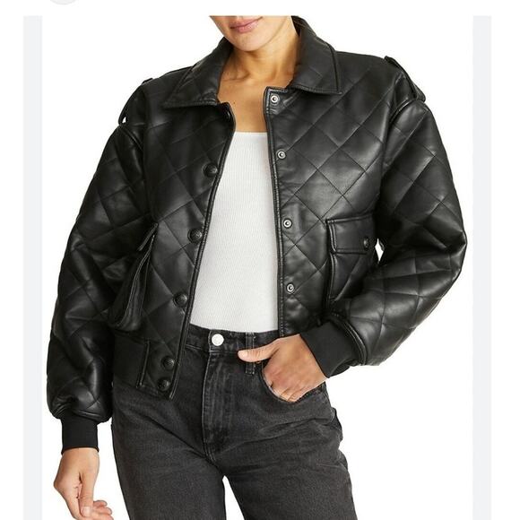 Rebecca Minkoff Women Bomber Jacket Medium Black Quilted Vegan Faux Leather Goth - Picture 13 of 15
